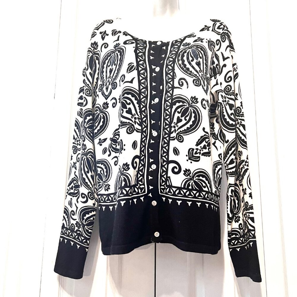 Pierri New York-Women's Black/Ivory Beaded/Sequin Cardigan Sweater-Large Pearl